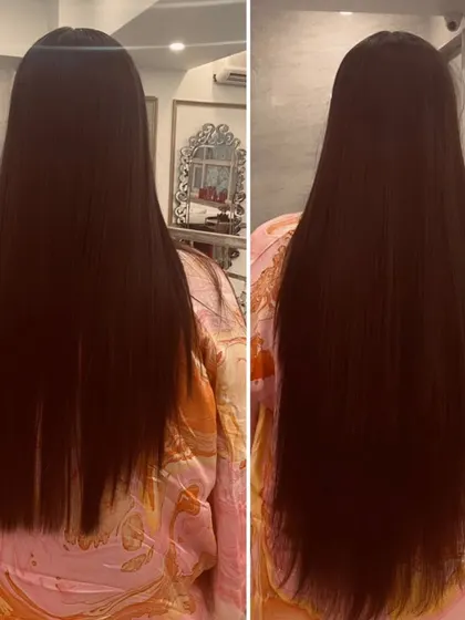 Here, we added significant length to create a much fuller and more luxurious hairstyle. The final look is sleek, uniform, and incredibly chic.