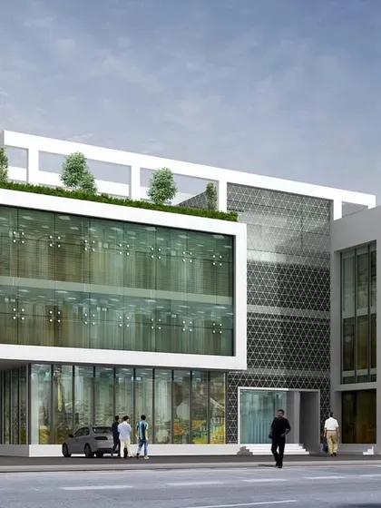 This is a 3D visualization for a modern commercial complex. The design features a dynamic glass facade and a rooftop terrace, showcasing our approach to creating contemporary and attractive commercial architecture.