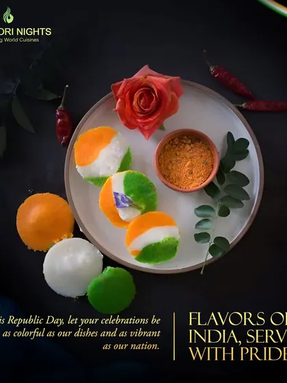 Flavors of India, served with pride. This plate features tri-color idlis, creatively presented for a Republic Day celebration, showcasing our modern take on Indian classics.