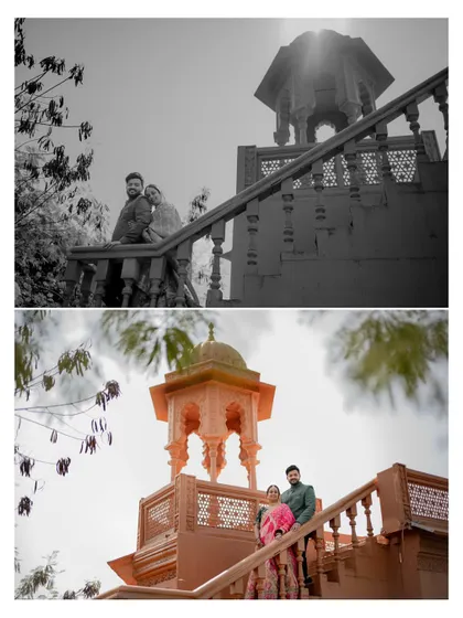A low-angle shot of the couple on a staircase against a historic building, presented in both color and black and white to emphasize the dramatic architecture.