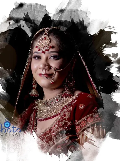 An artistic bridal portrait with a watercolor brush effect, perfect for a creative wedding album page.