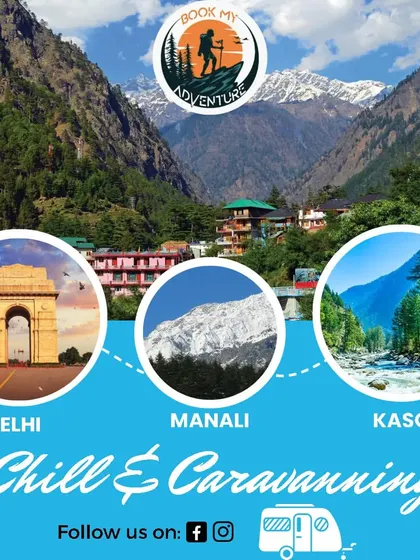 Our "Chill & Caravanning" package from Delhi to Manali and Kasol is perfect for a group of friends. This graphic shows the key destinations, promising a trip filled with scenic drives and mountain air.