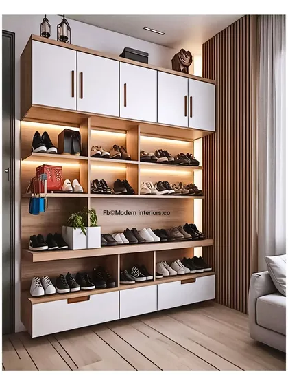 This large, open-concept shoe storage unit is perfect for a family with a big collection. The multiple tiers of open shelving make it easy to see and grab any pair, while the overhead cabinets are great for off-season storage.