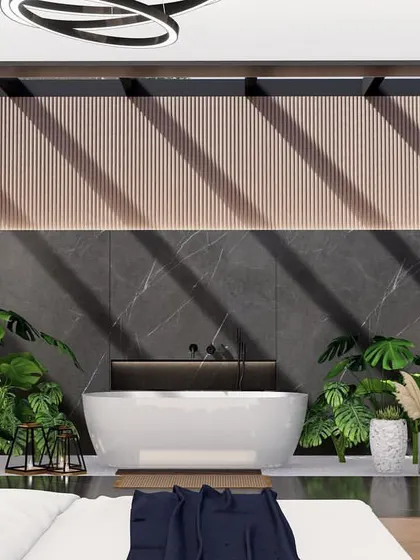 Another perspective of the open-plan bathroom, demonstrating how natural light and shadow play across the surfaces, highlighting the textures of the wood and marble.