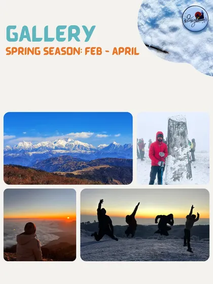 A glimpse into the spring season on the Sandakphu trek. This collage shows the mix of snow, clear mountain views, and golden sunrises you can expect from February to April.