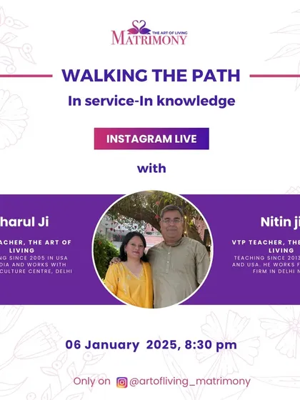An announcement for an Instagram Live with VTP teachers Charul Ji and Nitin Ji. They will share their inspiring journey of service, knowledge, and partnership.