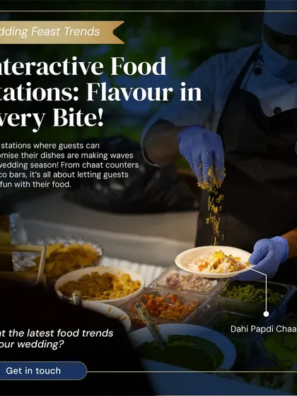 Interactive food stations are the life of the party. This Dahi Papdi Chaat station lets guests customize their dishes, adding an element of fun and flavor to the wedding.