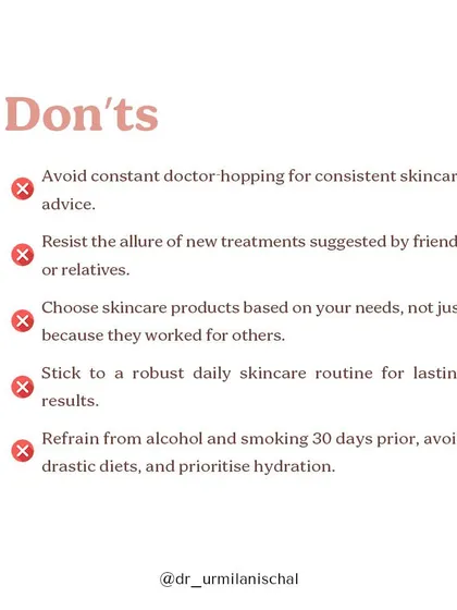 The "don'ts" are just as important: avoid doctor-hopping, trying new treatments suggested by friends, using products that aren't for your skin type, and drastic diets or smoking before the wedding.