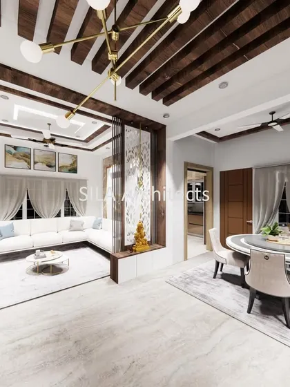 A 3D render of a contemporary designer house interior. This view shows an open-plan living and dining area with exposed ceiling beams, a modern chandelier, and a glass partition for the pooja space.