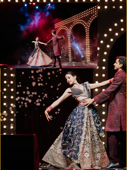 A romantic couple's duet is a cornerstone of any sangeet. We choreographed this piece to reflect the couple's chemistry, combining graceful lifts and classic Bollywood poses against a stunning, light-filled stage setup at the Umaid Bhawan Palace.