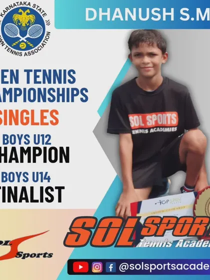 A double achievement by Dhanush S M, winning the Boys U12 Singles and securing the finalist position in Boys U14 at the State Ranking Tennis Championships.