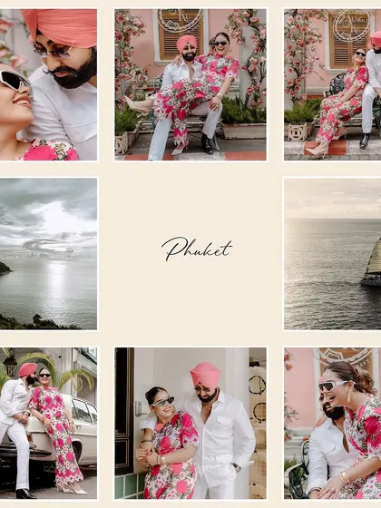 A vibrant collage from a Sikh couple's pre-wedding shoot in Phuket, showcasing their fun, stylish outfits and the beautiful scenery.