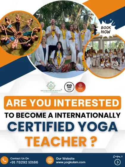 "Are you interested?" This poster is a direct invitation to join our community of certified yoga teachers, featuring photos of past graduates and group activities in Goa.