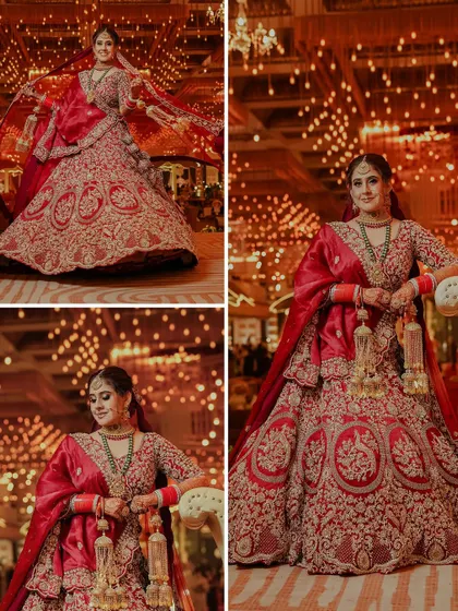 A collage of the bride against a backdrop of warm fairy lights. These portraits capture her in various poses, showcasing her stunning red lehenga and the magical ambiance of the venue.