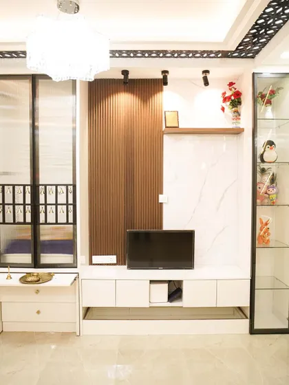 A full view of the versatile living room unit, showing the seamless integration of entertainment, work, and display functions in one elegant piece.