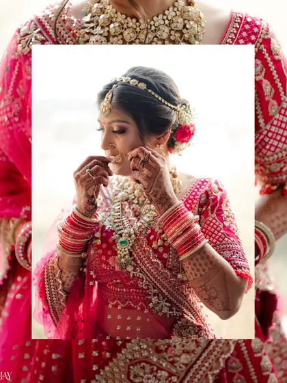 A creative composition showing the bride adjusting her nose ring, framed by a larger image of her outfit.