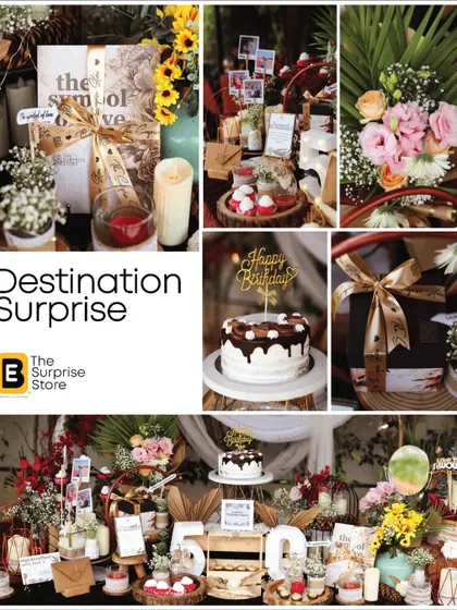 A collage showcasing the beautiful, rustic, and luxurious elements of our Destination Surprise decor, including personalized gifts, cakes, and floral arrangements.