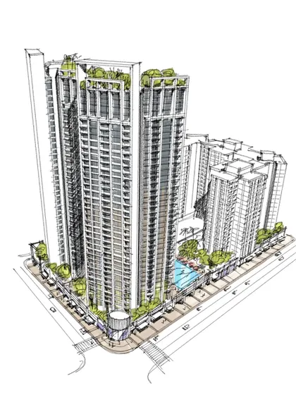 This conceptual sketch captures the essence of a high-rise project, focusing on the integration of green spaces like rooftop gardens and a podium-level pool. Our design process always starts with a strong artistic vision that balances architectural form with natural elements.