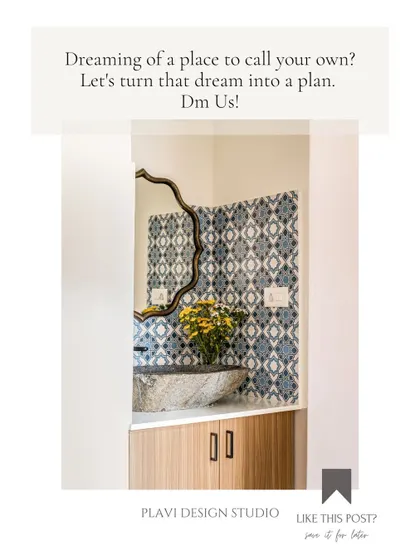 A call-to-action image showcasing a beautiful powder room and offering design services to turn a client's dream bathroom into a reality.