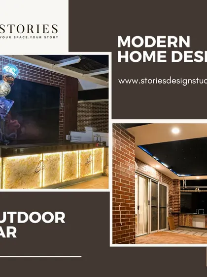 This modern home design features an outdoor bar with an exposed brick wall and an illuminated countertop. It's a perfect example of how I can transform an outdoor space into a stylish and functional area for parties and family gatherings.