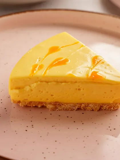 A perfect slice of mango cheesecake on a minimalist pink plate. The clean styling puts the focus entirely on the beautiful dessert.