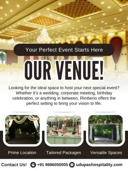 Your perfect event starts here, at our Rimberio venue. This flyer details our offerings of a prime location, versatile spaces, and tailored packages to bring any event vision to life.