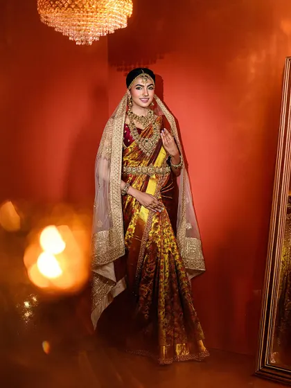 We also offer festive setups like this one for Diwali. This traditional look, complete with warm lighting and elegant props, is perfect for seasonal campaigns, family portraits, or personal celebrations.
