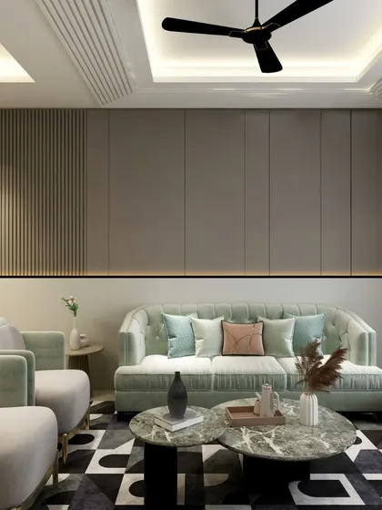 We offer luxury interior design services to transform your space into a masterpiece. This living room is an example of the sophisticated and modern aesthetic we can create.