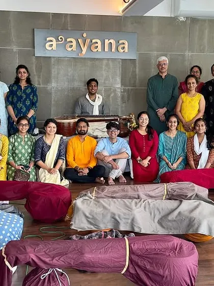 A group photo after a fulfilling Veenopasana session in Bengaluru. The collective energy of practicing together for hours is a powerful experience.