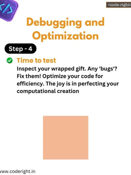 Step 4: Debug and optimize. Kids inspect the wrapped gift for any "bugs" like messy corners or loose tape. They then optimize their code for a more efficient and beautiful result.