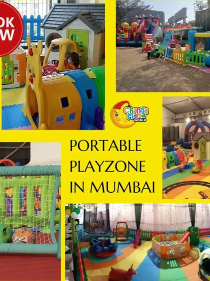 A collage of portable playzones in Mumbai, featuring a football goal, a caterpillar tunnel, and a large tented indoor setup. It’s a great overview of the diverse equipment I provide.