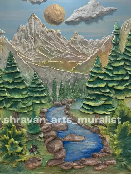 This colorful relief mural depicts a full landscape with mountains, a river, pine trees, and clouds. It’s a vibrant piece that brings the five forces of nature into the home.