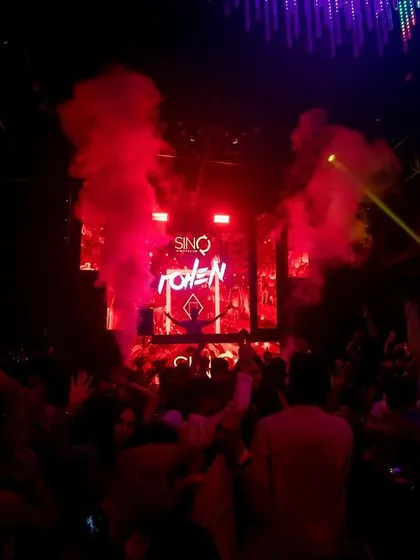 The iconic 'ROHEN' logo on the screen at SinQ, Goa, with red smoke creating a powerful visual.