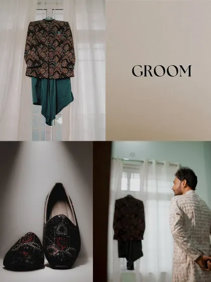 A collage showcasing the groom's reception attire, from the stylish jacket hanging in anticipation to his final dapper look.