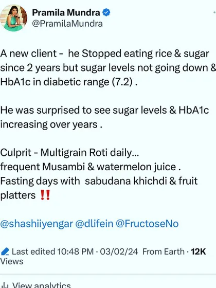 A client case study: cutting out rice and sugar wasn't enough to lower his high HbA1c. The culprits were hidden carbs in multigrain roti, fruit juices, and sabudana khichdi during fasting.