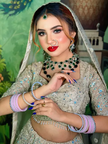 The same look with a classic red lip. This shows how easily a look can be transformed by just changing the lipstick color.