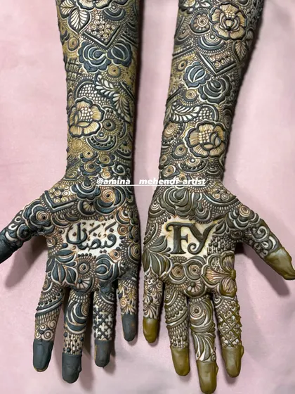 This design features the initials 'F' and 'Y' on one palm and the name 'Faizan' in Arabic script on the other.