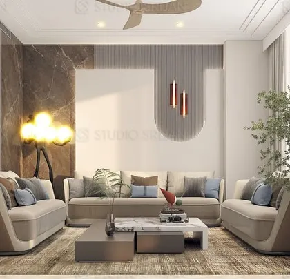A drawing and dining area in DLF, Gurgaon, where artistic wall decor and unique lighting fixtures, like the cloud-like floor lamp, add a layer of personality and sophistication.