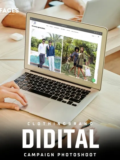A split-screen view on the laptop shows both men's and women's fashion, highlighting our ability to handle diverse campaign shoots.