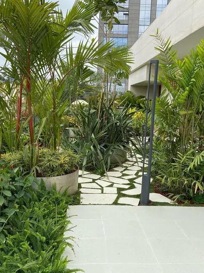 The transition from the tiled patio to the lush garden area is clearly defined yet harmonious. We use a mix of planters and garden beds to accommodate a wide variety of plant types, from tall palms to low-lying shrubs.
