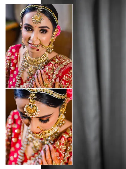 A collage of the bride's getting-ready moments, capturing her serene expressions and the details of her hair and makeup.