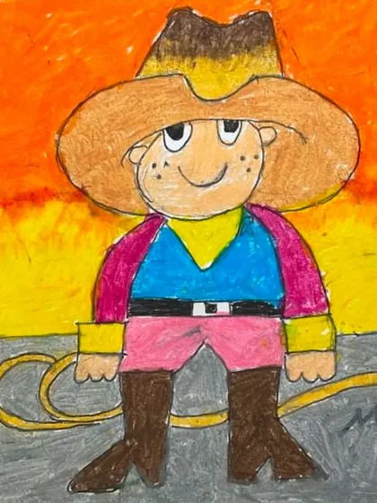 This cowboy drawing is a great example of how we teach human figures and cultural themes. We also encourage students to see how one artwork can be repurposed to tell many different stories.