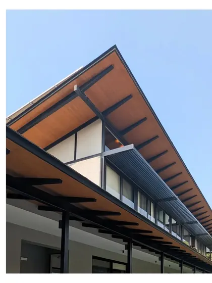 The clean lines of the roof at Villa 15. These holiday homes are simple experiments in tropical architecture, using one room thick plans and lofty volumes to create comfortable, low maintenance dwellings.