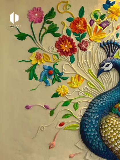 Another detail shot of the peacock, this time focusing on its elegant neck and the floral elements. This highlights the collaboration with the interior designer to create a harmonious composition.