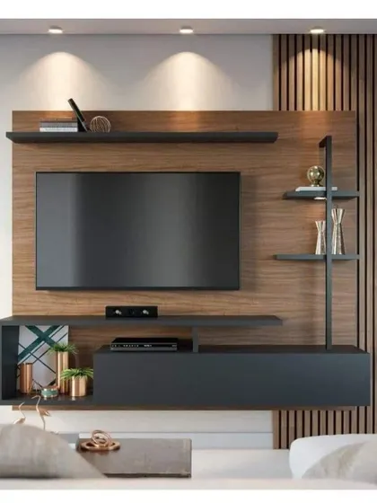 This design adds a modern industrial touch with black metal shelving against a warm wood backdrop. The asymmetrical layout is visually interesting and provides flexible storage options.