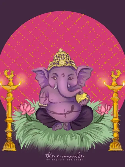 My digital illustration for Ganesh Chaturthi, featuring a purple Ganesha with traditional diyas and lotus flowers. This piece is filled with warmth and festive spirit.