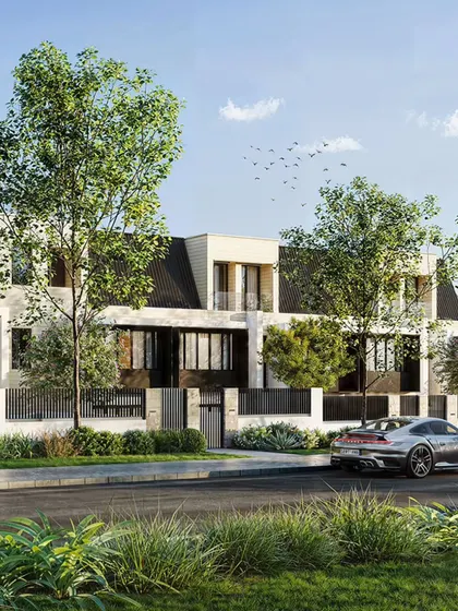 A street view of a modern townhouse development. The rendering includes details like a high-end sports car and pedestrians to create a realistic and aspirational neighborhood scene.