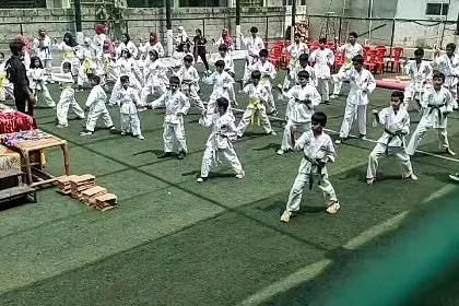 A wide shot of a large group class practicing their basic stances together outdoors.