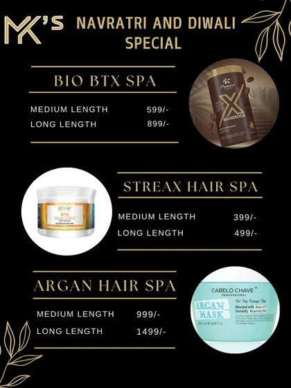 Indulge in a relaxing and nourishing hair spa. I offer several options including BIO BTX Spa for repair, Streax Hair Spa for shine, and Argan Hair Spa for deep moisturization, with prices tailored for medium and long hair.