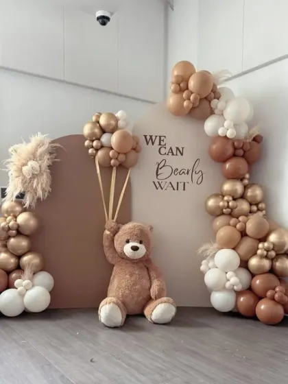 An adorable and stylish "We Can Bearly Wait" baby shower theme. The earthy, neutral tones and minimalist backdrops are perfect for a modern celebration.
